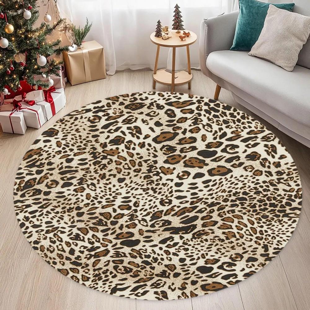 Leopard Tiger Print Circular Carpet Animal Pattern Printed Carpet Anti Slip Entrance Door Mat Living Room Bedroom Decoration Rug