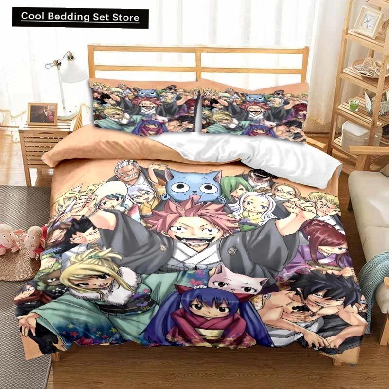 3D Anime Fairy Tail Bedding Set Bed Three-piece Set Duvet Cover Single Double Bed Queen Size Duvet Cover Set Adult Kid's Bedroom