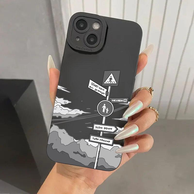 Simple Oil Painting Road Sign Silicone Phone Case For iPhone 16 15 14 13 12 11 Pro Max XS XR 7 8 Plus SE Shockproof Soft Cover