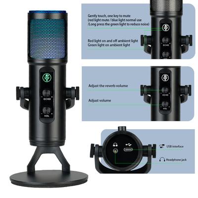 USB Condenser Microphone Cardioid Mic with RGB Colorful Lights One Button Mute Headphone Real Time Monitoring with