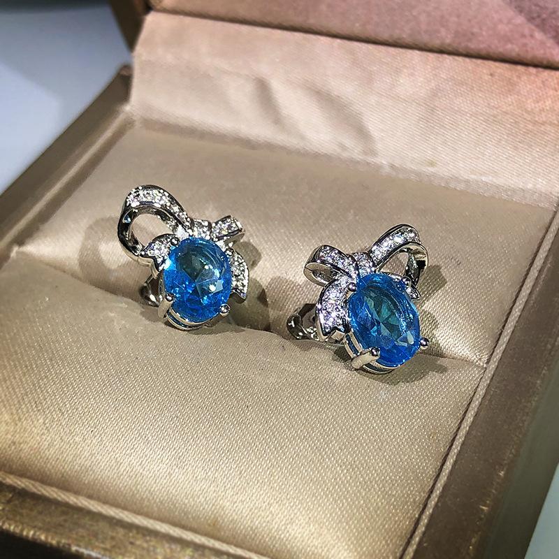 Newest  Silver Inlaid Earrings Female Natural Blue Topaz Bow Earrings For Ladies Birthday Wedding Party Jewelry Gifts