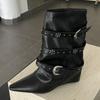 Fashion Autumn Vintage Thick Heel Women Western Cowgirl Boots Fashion Belt Buckle Ladies Elegant Slip on Mordern Mid Calf Booties
