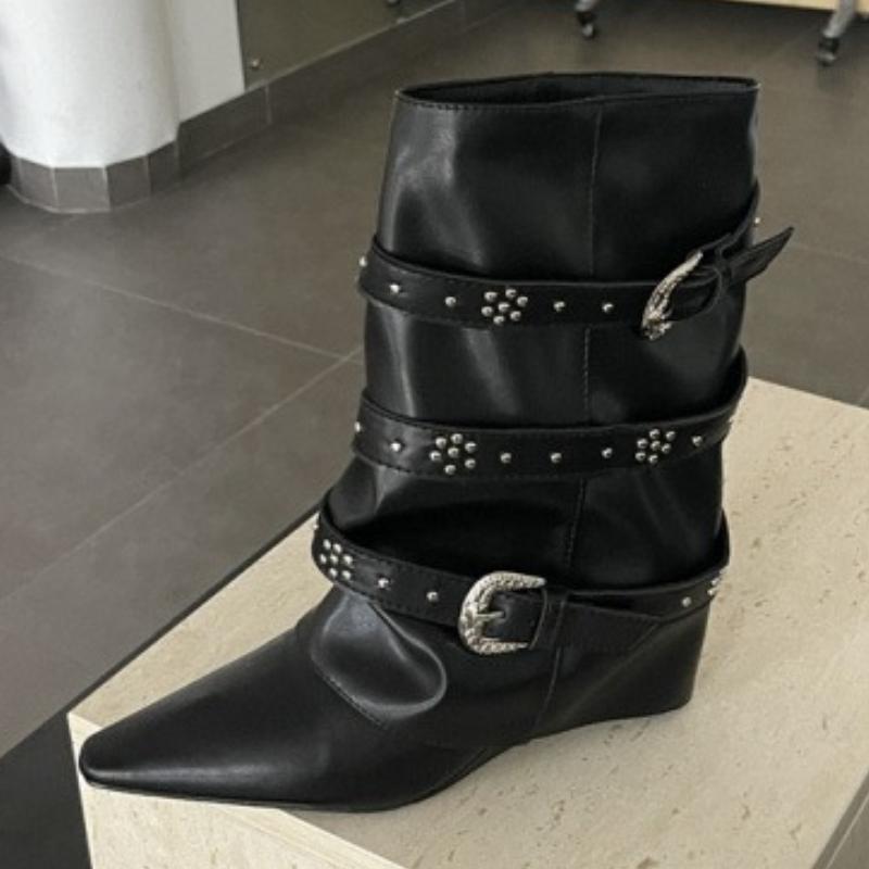 Fashion Autumn Vintage Thick Heel Women Western Cowgirl Boots Fashion Belt Buckle Ladies Elegant Slip On Mordern Mid Calf Booties