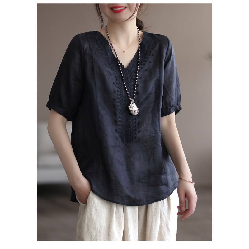 

Летние женские свободные футболки с короткими рукавами и вышивкой в стиле ретро 2XL темно-синий