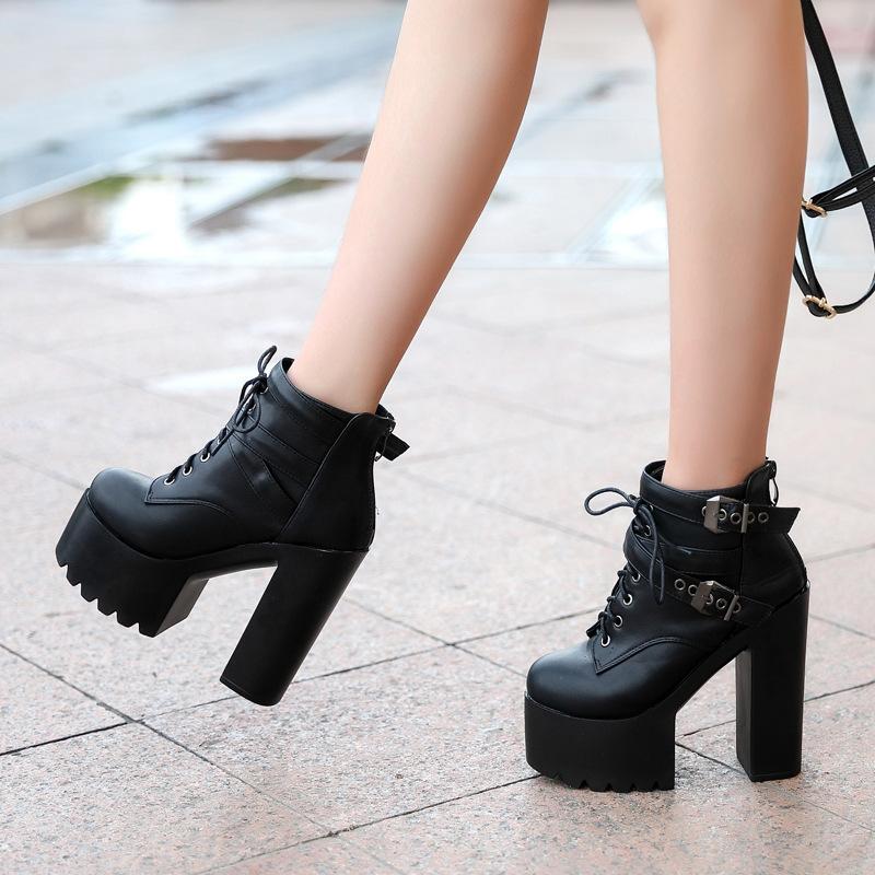 Fashion Black Women Spring Autumn Lace up Soft Leather Platform Woman Party Ankle High top Heels 14CM ghn89