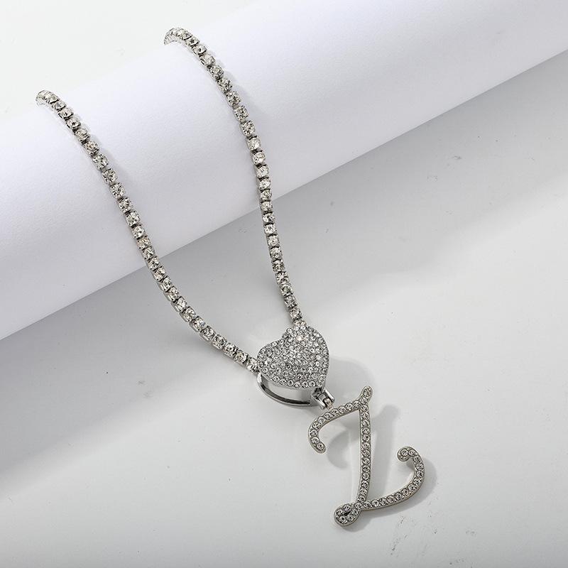 26 Flower Letter Necklace: Hip Hop Heart Pendant with Full Diamond Inlaid Tennis Chain for Women