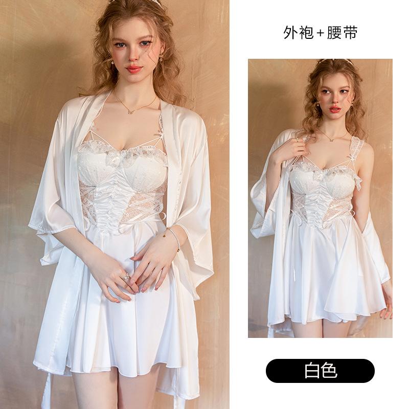 Women's Satin Lace Sheer Tie Padded Cami Sleep Dress with Robe Lounge Set