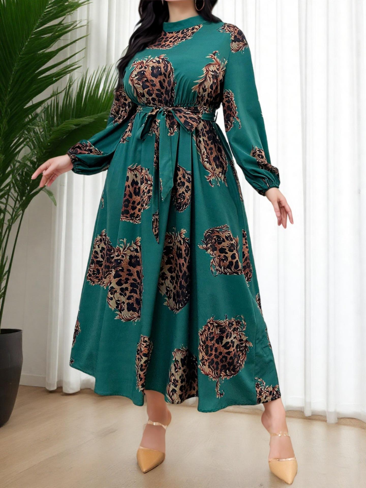 Middle Eastern Retro Print Leopard Stand Collar Plus Size Dress with Belted Waist & Lantern Sleeves 0XL зелёный