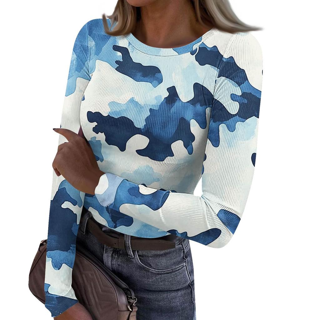 Dámské A Zimní Slim Spodní Tričko Módní Ležérní Gradientní Potisk Kulatý Výstřih Pulovr Dlouhý Rukáv Top