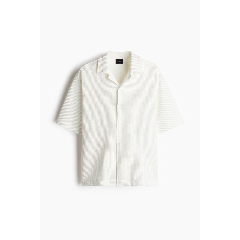 

HM Men s Cuban Collar Shirt 2025 Summer New Arrival French Short Sleeve Loose Rib Shirt 1273996 White 175/100