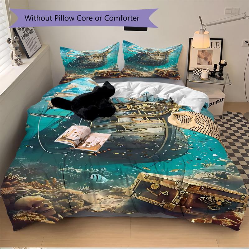 3pcs Pirate Ship Treasure Chest Skull Home Decor Bedding Set - Includes One Quilt Cover and Two Pillowcases (No Core) - Anime Cartoon Design for Bedro