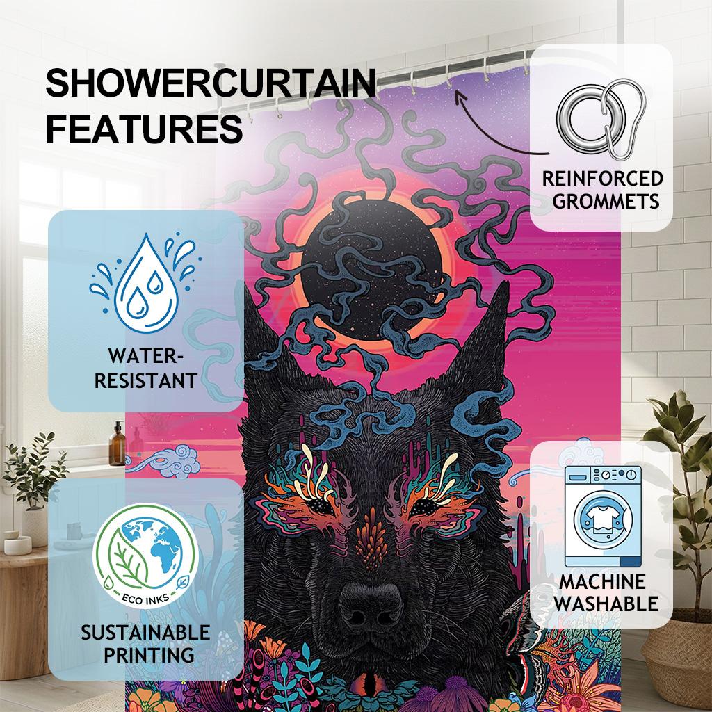 Psychedelic German Shepherd Shower Curtain, Surreal Dog Solar Eclipse Bathroom Decor, Fantasy Animal Art Fabric Bath Curtain