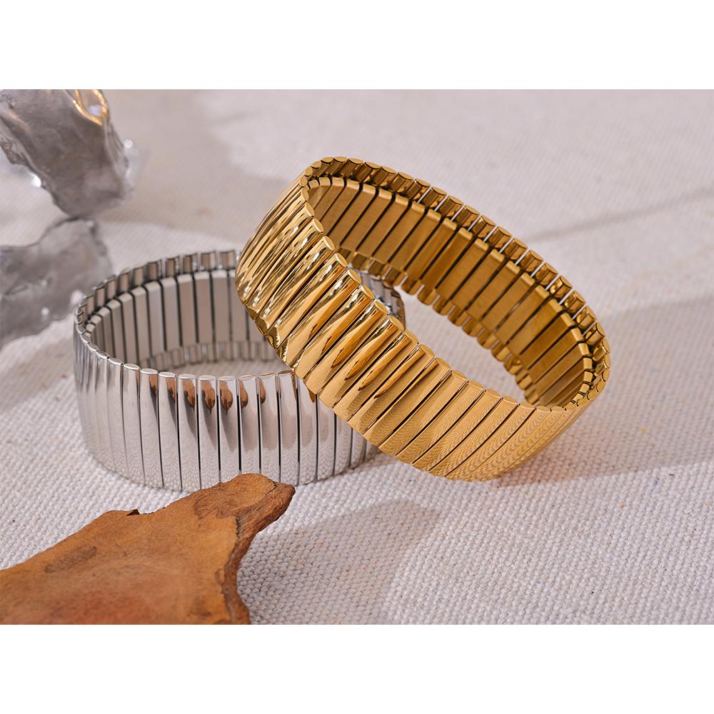 Yhpup Elastic 316L Stainless Steel Metal Wide Big Statement Bracelet Bangle Rust Proof 18K Gold Plated Hyperbole Unisex Jewelry