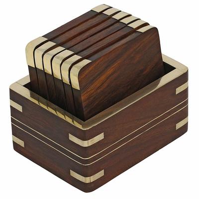 Wooden Drink & Glass Coasters - Set Of 6 | Durable Wood Table Coaster With Holder