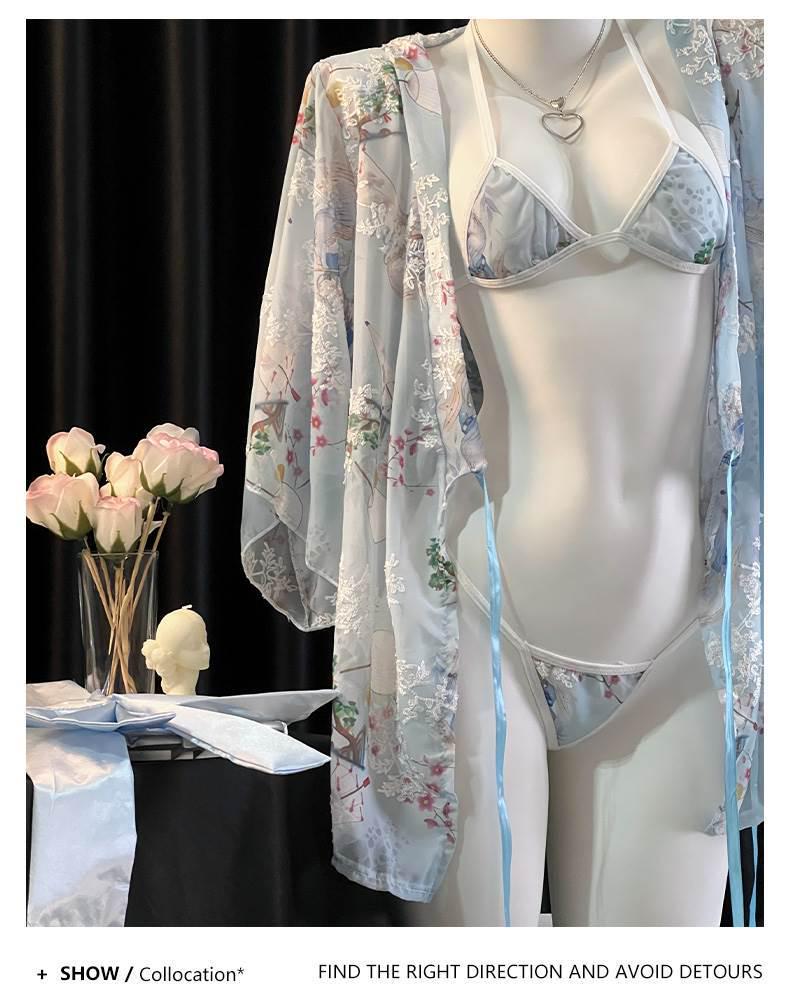 Elegant Japanese Chiffon Kimono Nightgown with Bow Embroidery