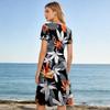 Women V Neck Short Sleeve Midi Dress with Tree Print and Striped Pattern for Casual Summer Beachwear