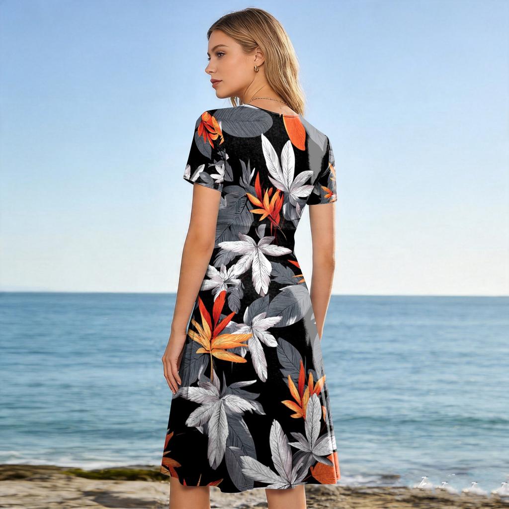 Women V Neck Short Sleeve Midi Dress with Tree Print and Striped Pattern for Casual Summer Beachwear