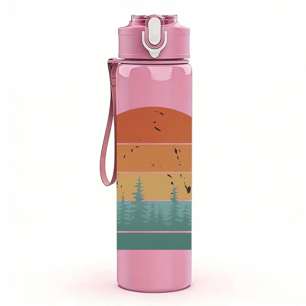 1PC Retro Circle Mountain Sunset Art 750ml Color Plastic Sports Water Bottle Leakproof Flip Straw Lid Suitable for Sports Office Home Use
