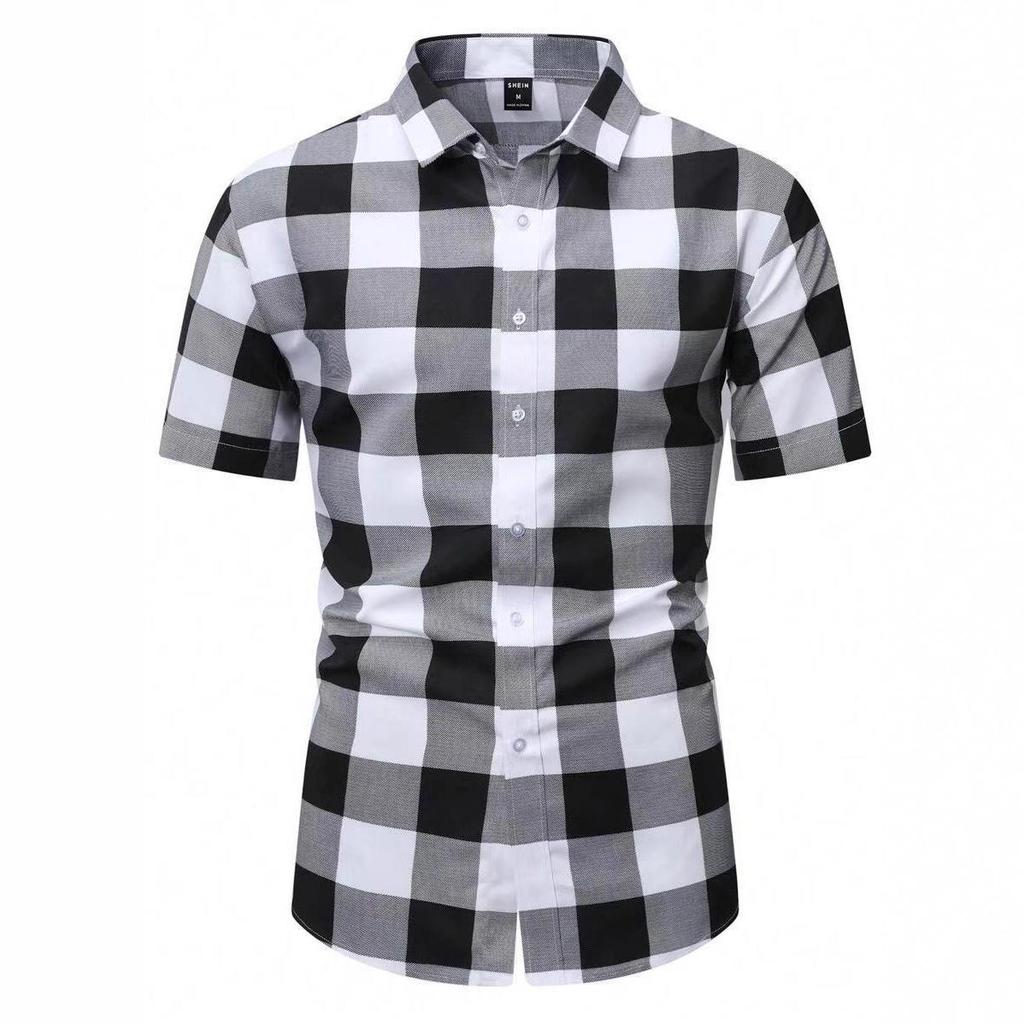 Men's Trendy 3D Print Plaid Slim Fit Short Sleeve Casual Shirt