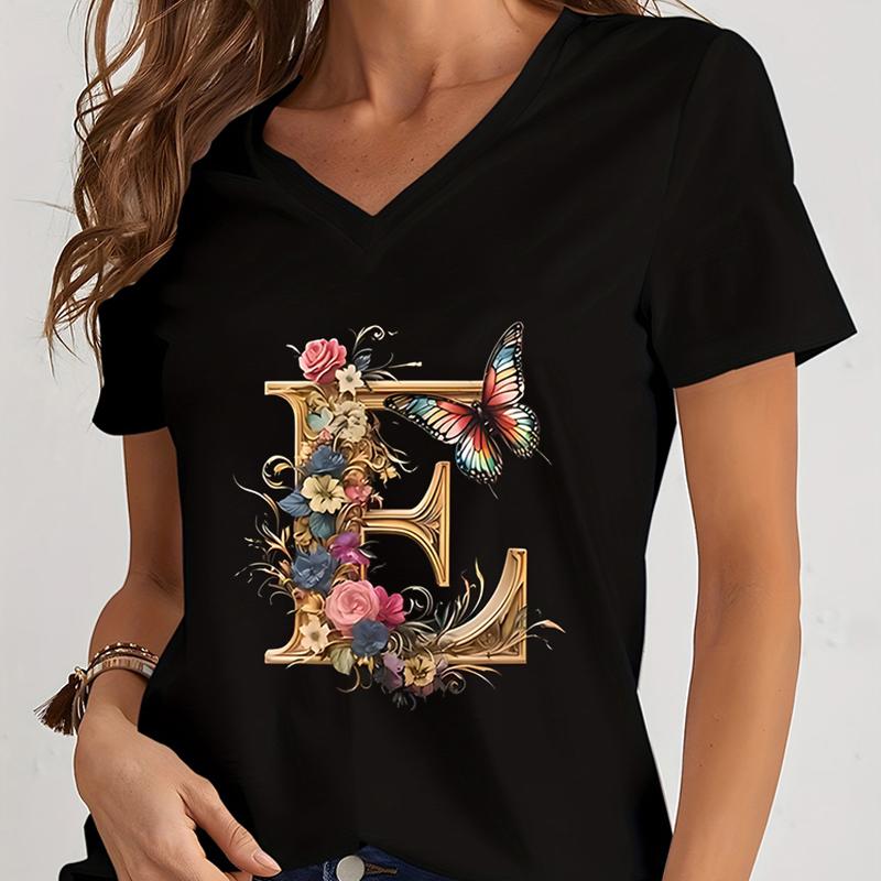 Women Tshirts AZ 26 Alphabet Flower Vintage Design Premium Tshirt Vintage Butterfly Flower 26 English Alphabet Summer Tshirt