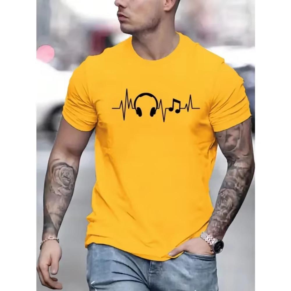 Men's Summer Earbuds Printed Round Neck Short Sleeve Casual  T-shirt New Fashion Daily Loose Size Couple Street T-shirt