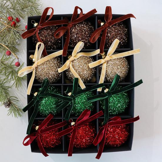 Glitter Christmas Balls Ornament Sparkly Shatterproof Tinsel Balls with Bow Sequin Hanging Ball Xmas Tree Decoration for Xmas Wedding Indoor