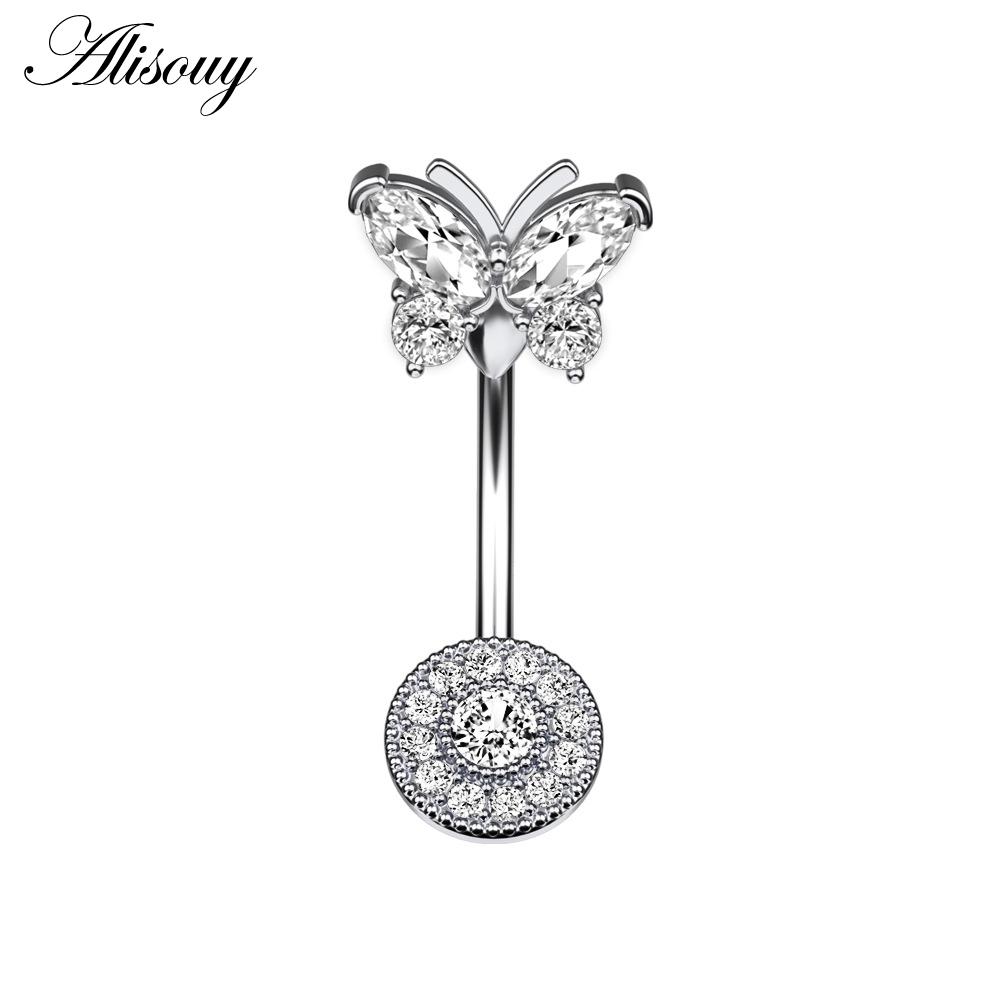Alisouy 1pc Surgical Steel Crystal Zircon Star Butterfly Moon Stones Dangle Button Navel Piercing Ring Belly Ring Body Jewelry