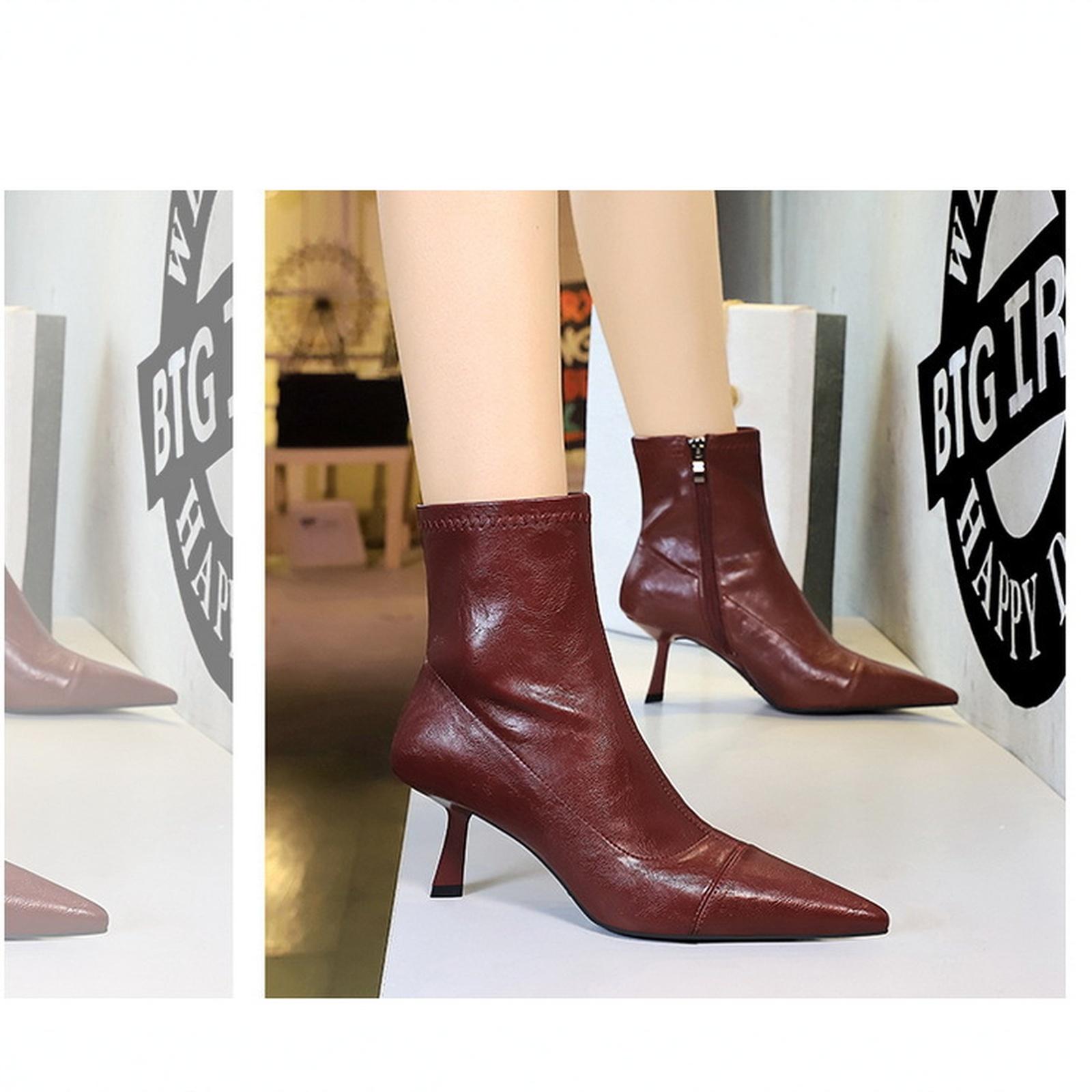 Women s Retro Pointed Toe Stiletto Boots Elastic Slim Fit Boots 37