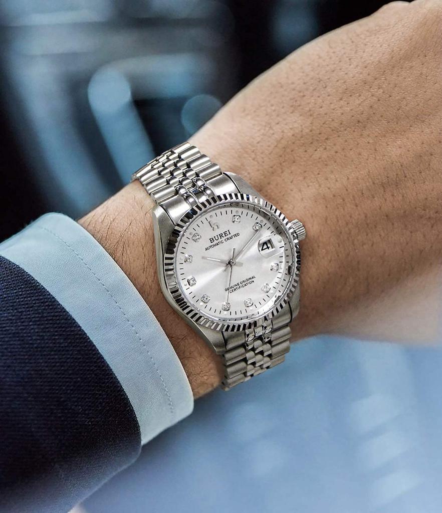 Automatic Mechanical Popular Arm Silver Watch [BUREI] Men's Watch, Waterproof, Analog, Date, Watch, Men's Brand, Stylish, Watch, Simple, Casual,