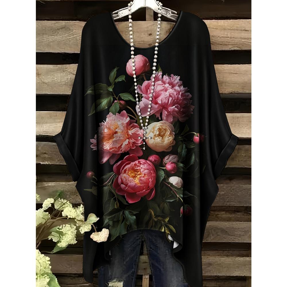 Women's Bohemian Flower Print T-Shirts Black Colorful Retro Full Body Graphic Y2k T-Shirts Summer Asymmetric Hemp&o- Neck Tops