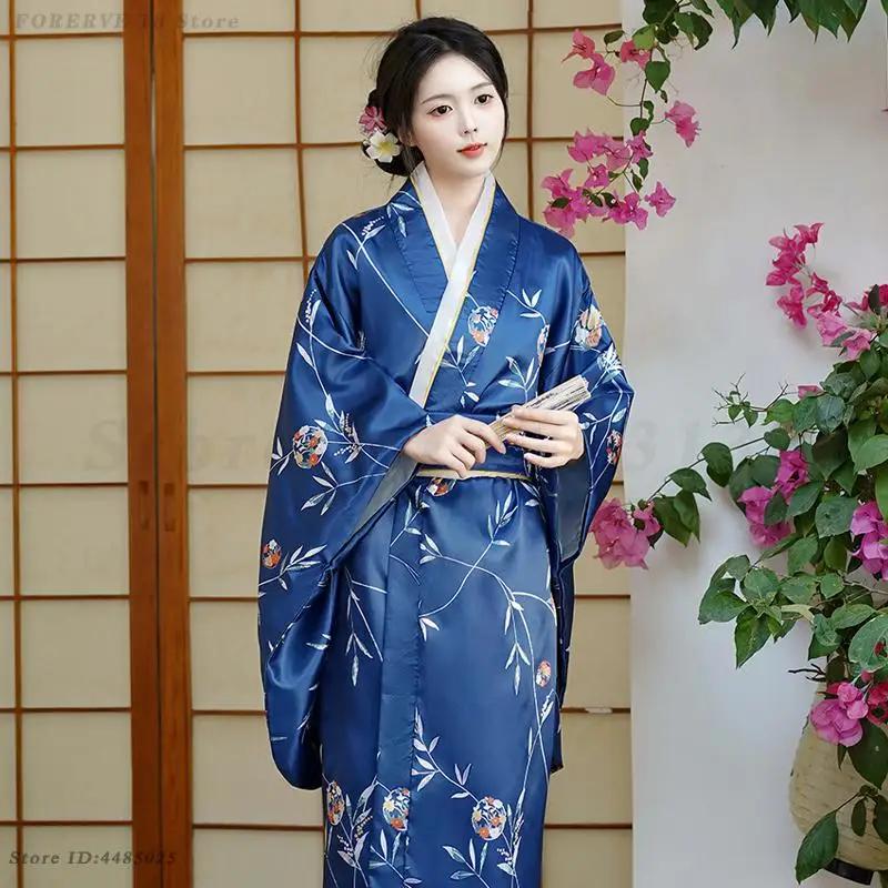Robe Kimono Japonais Costume de Performance Cosplay Femmes Kimonos Bleus Vintage Style Asiatique Yukata Sexy avec Obi Robes Geisha Imprimées