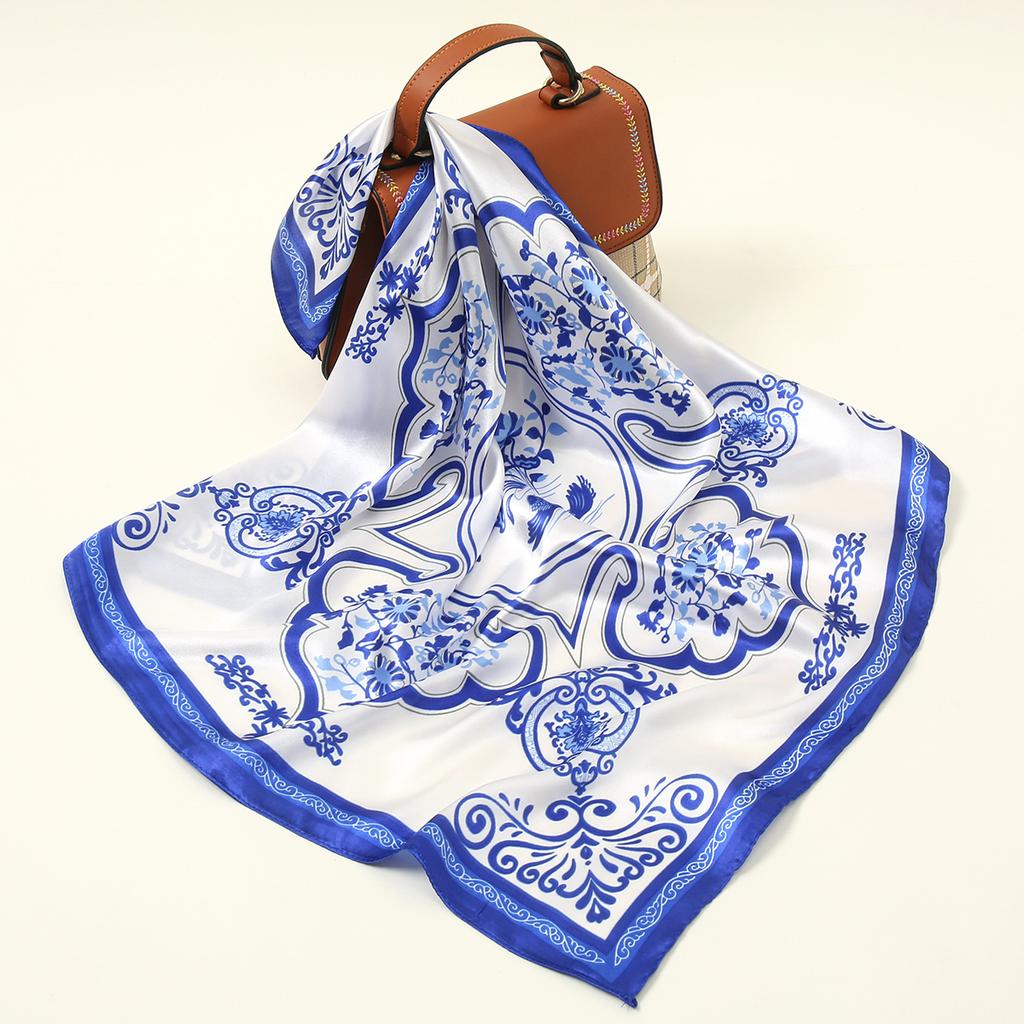 Satin Silk Square Scarf Hijabs Blue And White Blendent Printed Muslim Hijab Bandana Soft Head Scarf Female Headband