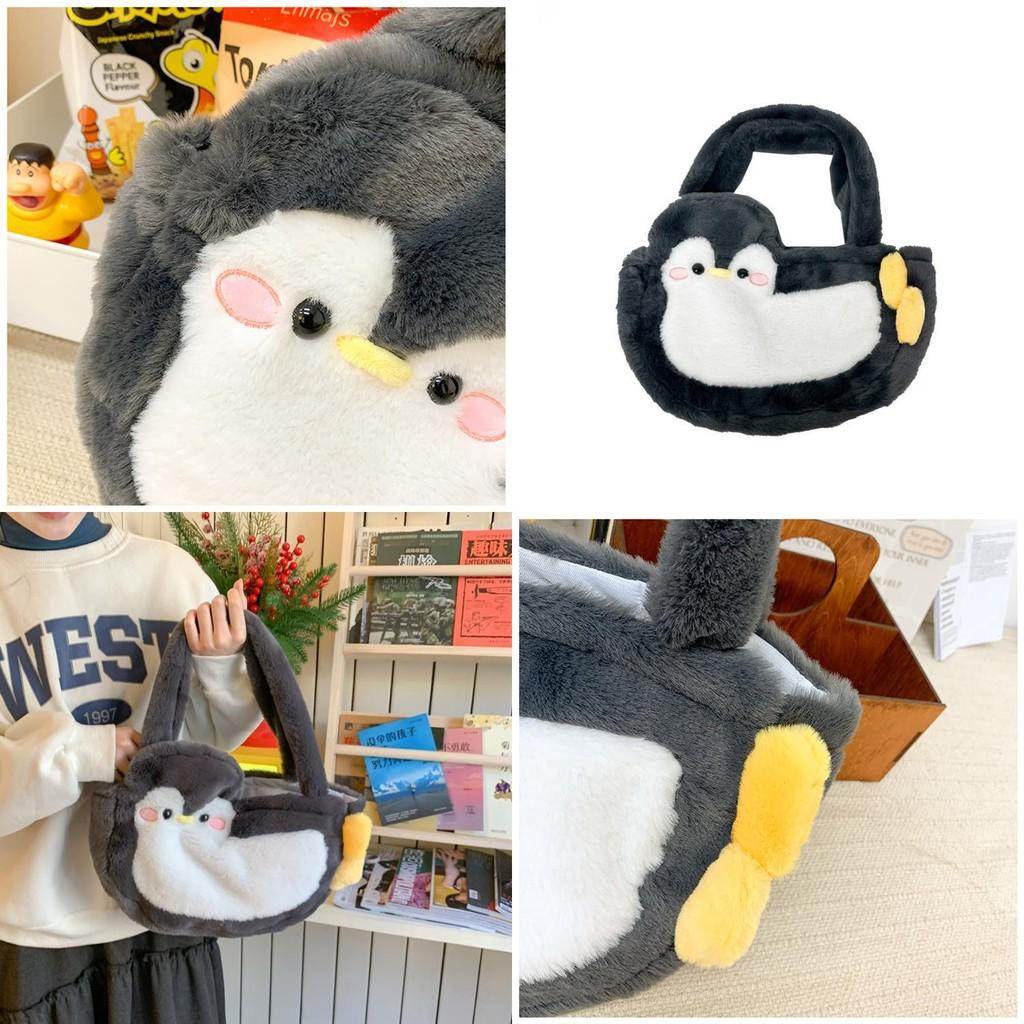 Soft Faux Fur Penguin Shoulder Bag With Magic Tape Closure For Casual Outings