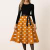 Women’s Casual Vintage Crew Neck Polka Dot Printed Long Sleeve A-Line Dress with Waist Ribbon for Everyday Wear