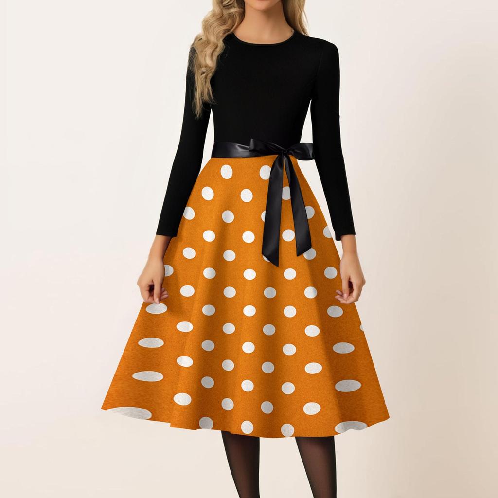 Women’s Casual Vintage Crew Neck Polka Dot Printed Long Sleeve A-Line Dress with Waist Ribbon for Everyday Wear