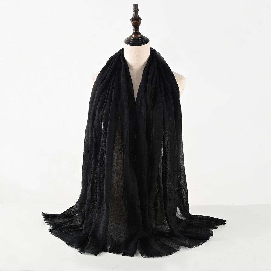 Crinkled Cotton-Linen Blend Scarf with Fringe - Solid Color, 90x180cm, Women's Headscarf