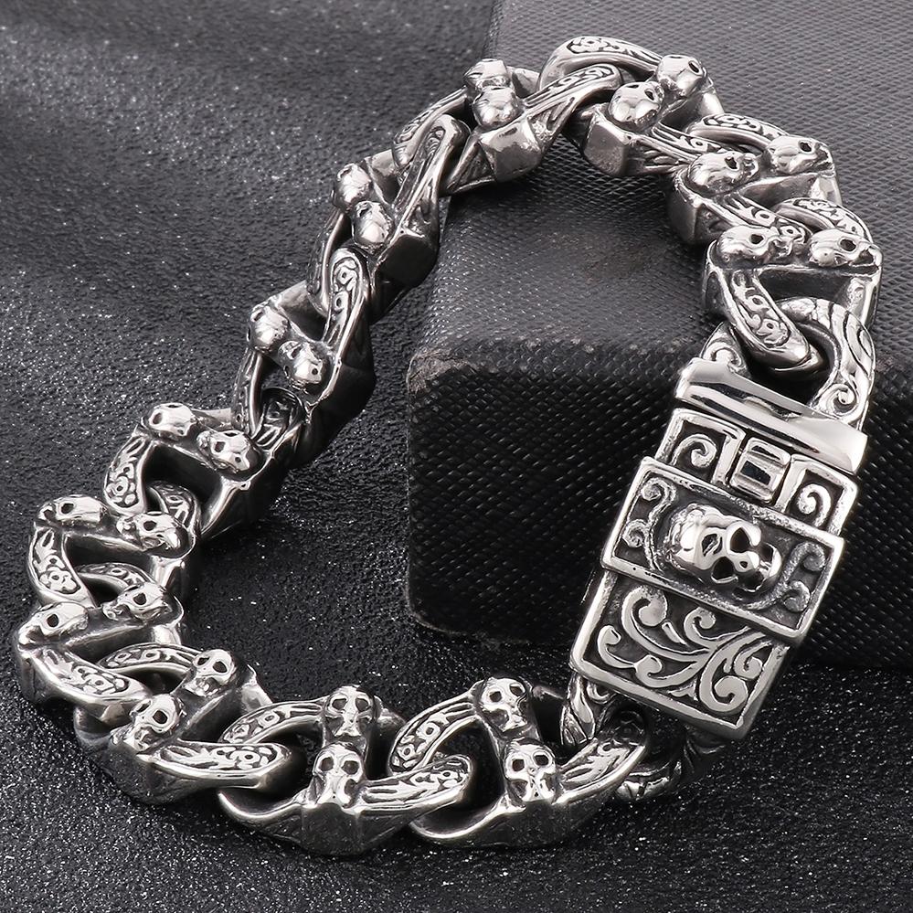 Pánský Cool masivní ocelový náramek s lebkou a tváří v tvář kubánský řetízek pro muže unikátní gotický punk rock šperky příslušenství halloweenské dárky