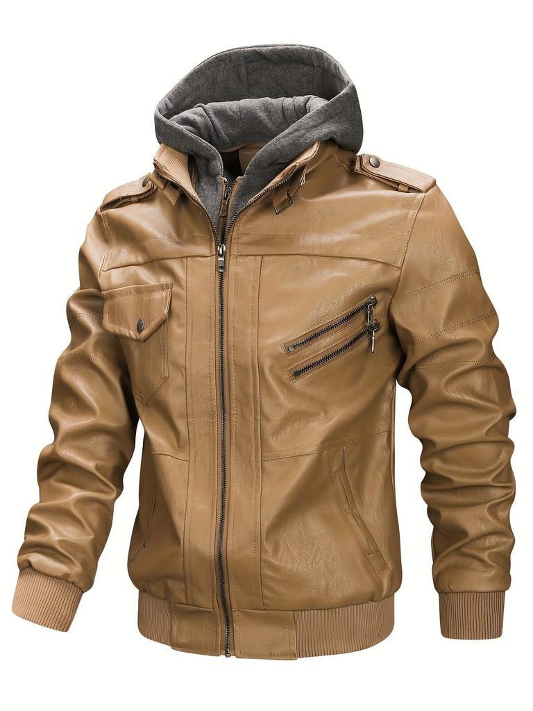 Men's Vintage PU Leather Motorcycle Jacket with Detachable Hood - Autumn/Winter