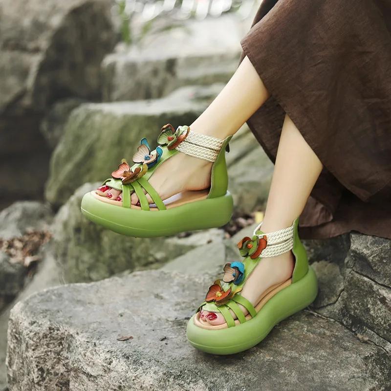 Fashion High Quality 5CM Cow Genuine Leather Flats Flower Women Boots Hollow ZIP Pumps Shoes Summer Platform Wedge Mary Jane Sandals