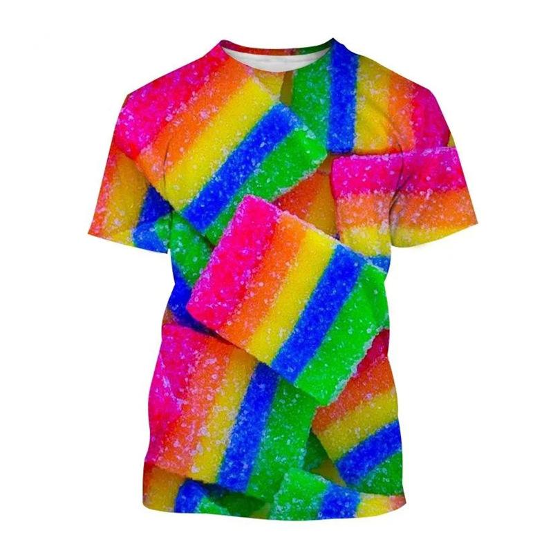 Candy 3D Printed Short Sleeved T-shirt Summer Breathable Polyester Simple Round Neck Top