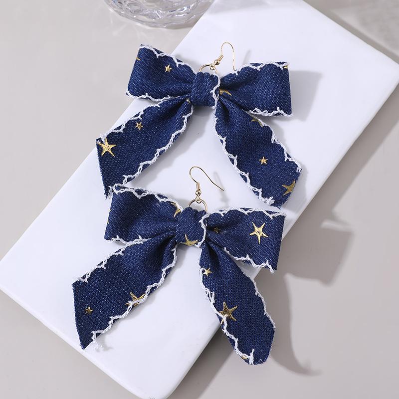 

Джинсовый бант Подвеска с цирконом Длинные серьги Для женщин Мода Корейские Личность Серьга Вечеринка Циркон Подарки