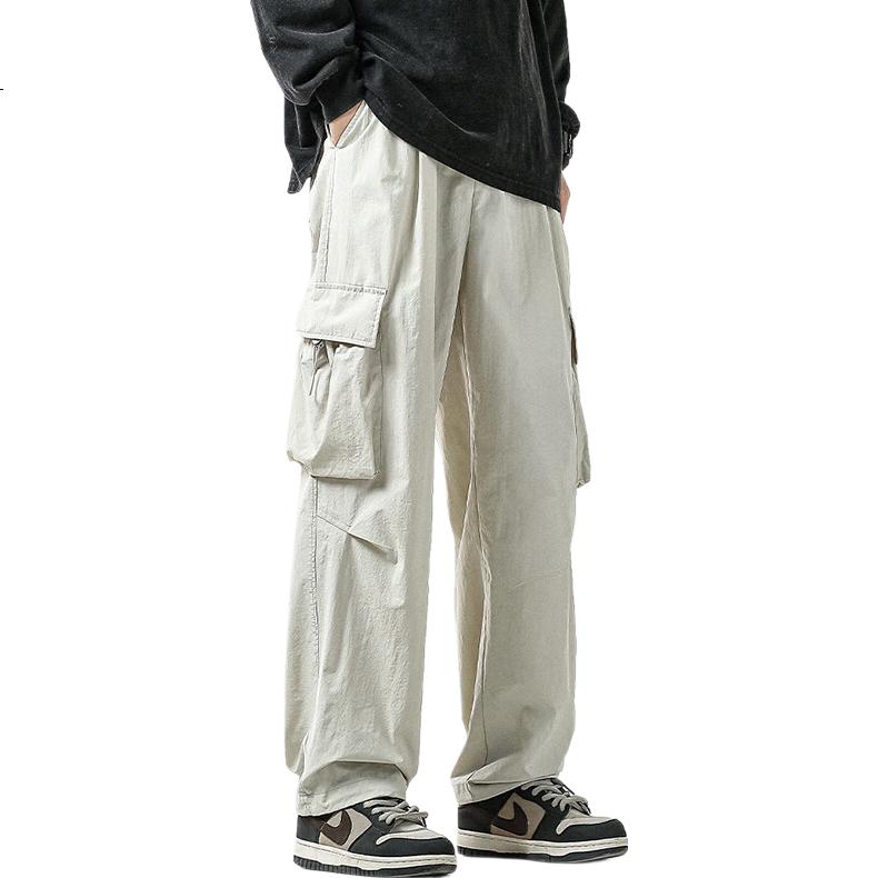 Dingfengbaoluo American Retro Wide-Leg Cargo Pants for Men, Spring Trendy Loose Versatile Straight Casual Trousers ZW48 Black L