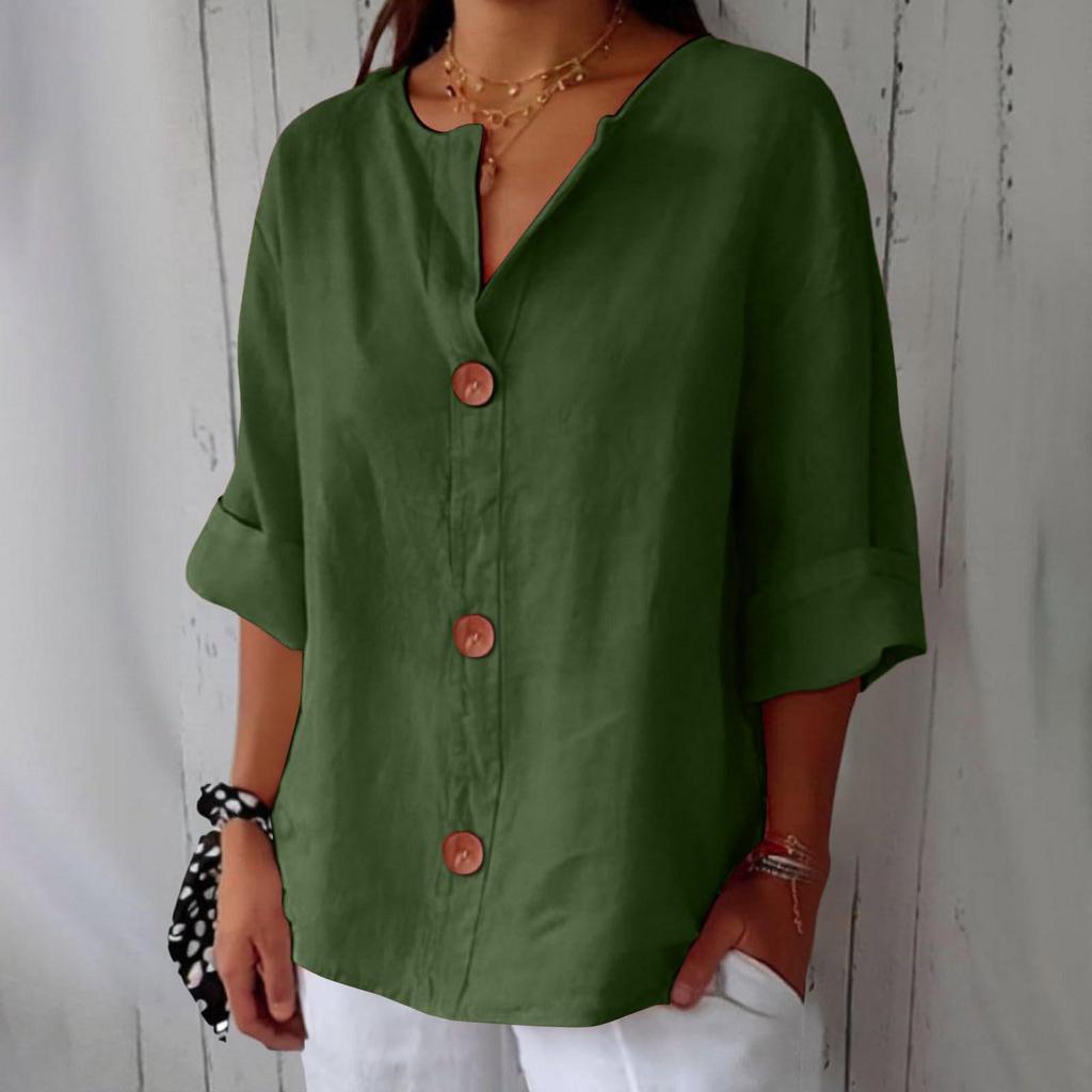 Camiseta de Algodón y Lino Holgada con Cuello en V para Primavera/Otoño 2026 en Europa: Top Casual de Botones Cómodo para Mujer