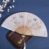 Vintage Chinese Cheongsams Folding Fan with Butterfly Flower Pattern Wood and Cotton Linen Handheld Fan with Tassels