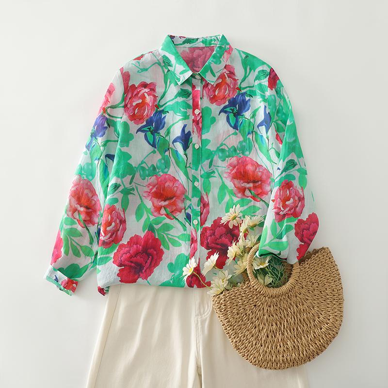 DIMANAF 2025 New Plus Size Women Tops Shirts Tees Button Casual Loose Blouse Autumn Print Cotton Long Sleeve