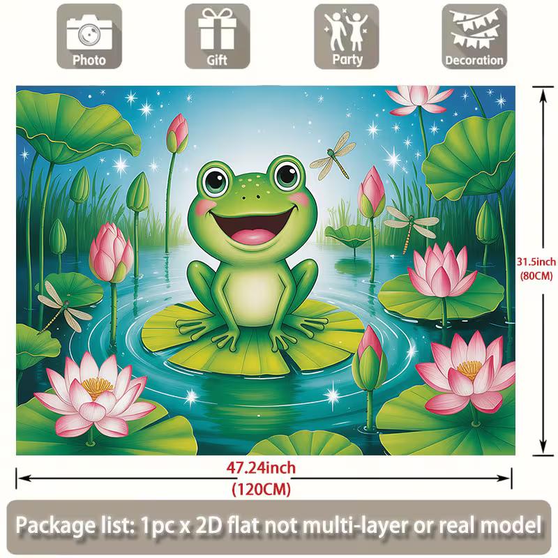 2D Cartoon Frog Backdrop Lotus Pond Dragonfly Photography Background Banner