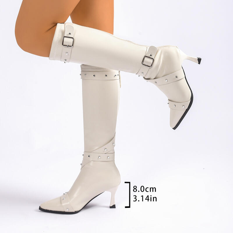 Fashion Punk Rivet Belt Buckle Decoration Knee-High Boots Women Sexy Pointed Toe Super High Heel Riding Boots Winter Brand Design Shoes