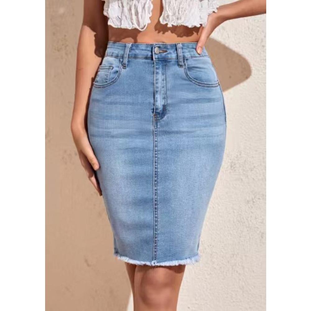 Women's High Waist Denim Midi Skirt Stretch Frayed Raw Hem Bodycon Pencil Jean Skirt Casual Daily Wear