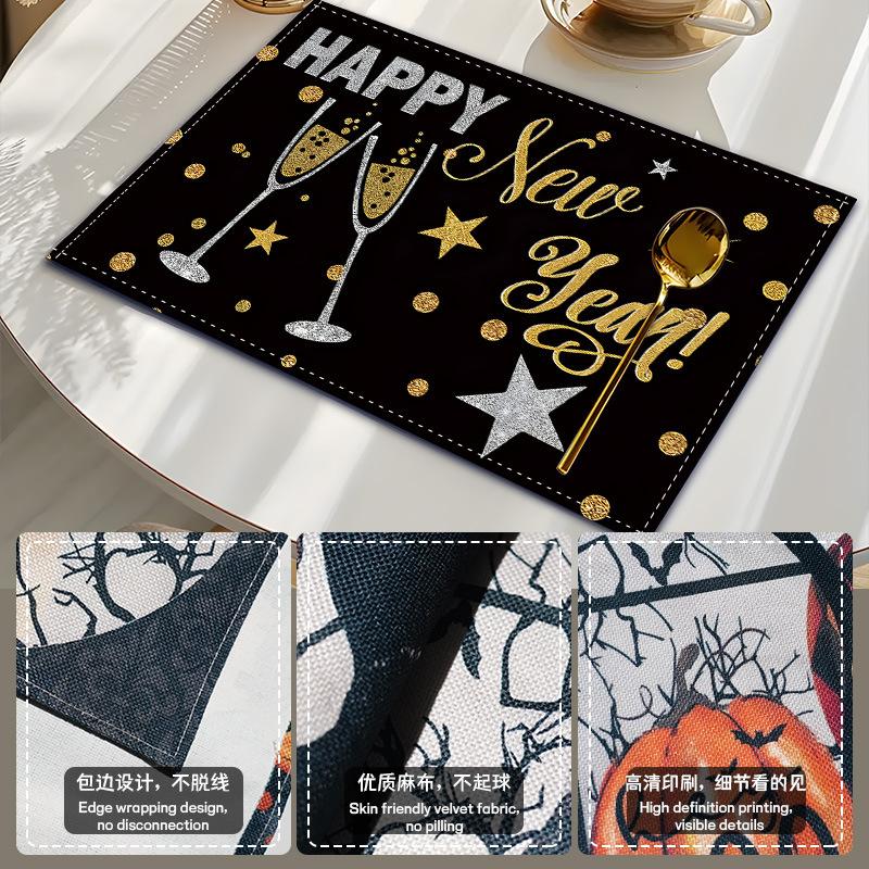 Frohes Neues Jahr Tischsets Baum Muster Tischsets Hitzebeständige Leinen Tischsets für Esszimmer- und Küchendekoration für Feiertagsmahlzeiten, Zusammenkünfte, Partytisch