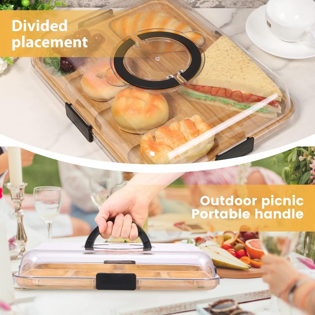 Bamboo Cheese Platter with Transparent Lid Biscuit Snacks Fruit Serving Tray Divided Charcuterie Board for Party Camping Picnic